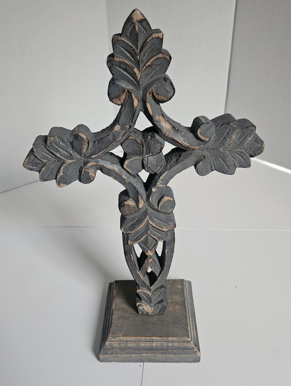 Rustic Carved Wood Tabletop Pedestal Cross Gothic Decor 13"